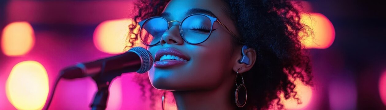 Woman singing with microphone in colorful light.