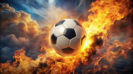 Fototapeta premium Soccer ball engulfed in flames and smoke against a fiery sky , blazing, burning, hot, soccer, football, sports, competition