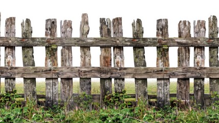 Naklejka premium A worn wooden fence surrounded by lush green grass and growing weeds