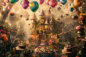 A birthday party in the woods, featuring colorful decorations, a cake, and friends celebrating under the trees, A whimsical scene of a magical birthday party, AI generated