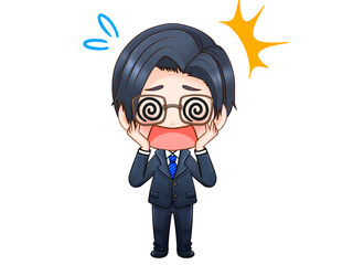 パニックで眩暈を起こす眼鏡サラリーマンのちびキャライラスト素材