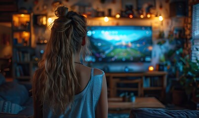 Obraz premium Happy friends are watching the Soccer World Cup on television at home, celebrating goals together and enjoying a moment of sport entertainment and friendship.