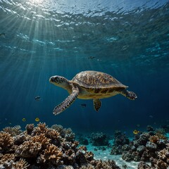 A turtle on the beautiful seabed swims freely