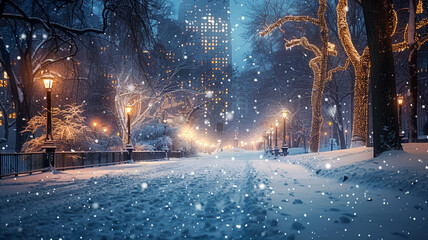 Enchanted winter wonderland street in new york at night with falling snowflakes