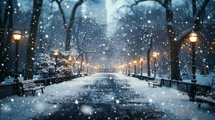 Snowy winter evening in central park with snowfall and street lamps illuminating path