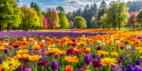 Obraz premium Colorful field of flowers with purple, yellow, and orange flowers and trees in the background, field, flowers, colorful