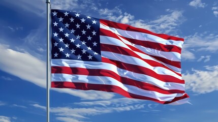 Obraz premium An American flag rippling gently in the breeze, its stars and stripes clear and vibrant against a deep, cloudless blue sky, symbolizing national pride.