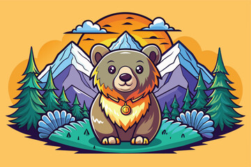 Cartoon Bear in Mountain Landscape with Sunset