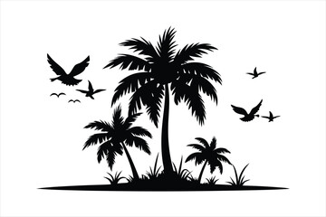 palm tree and birds in different stages of growth black vector