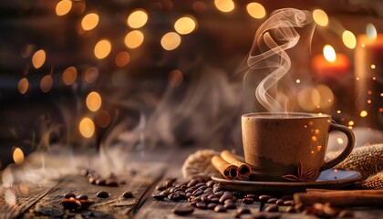 Cozy coffee setup with steaming cup, cinnamon sticks, and coffee beans, warm ambient light, rustic background, closeup