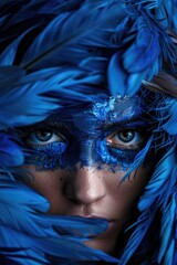 Obraz premium A woman wearing blue feathers on her face, possibly as part of a costume or ritual