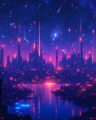 Futuristic cityscape at night with glowing lights and shooting stars reflected in water.