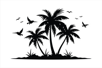 palm tree and birds in different stages of growth black vector
