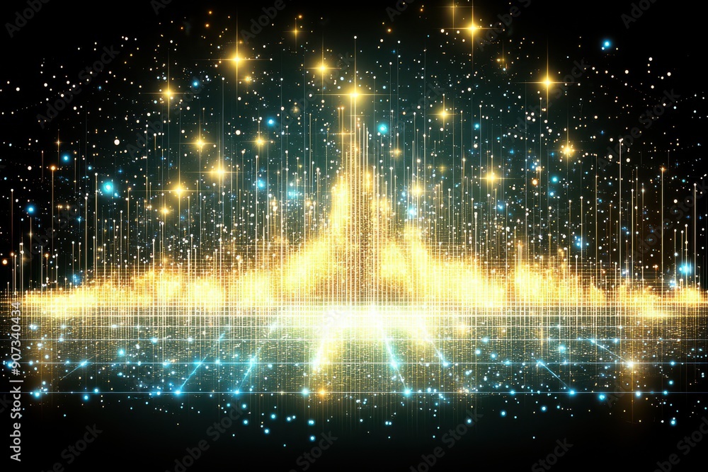 Poster a mesmerizing digital light display featuring golden light rays and star-like elements emanating fro