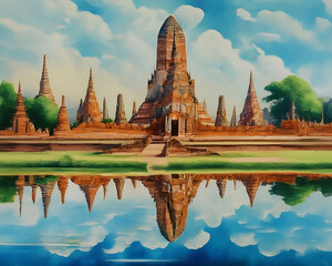 Obraz premium Timeless Ayutthaya: AI-Generated Watercolor Painting