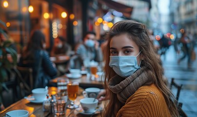 Happy friends, wearing face masks, are drinking espresso at a coffee house. This new normal lifestyle concept highlights young people enjoying their time at a restaurant.