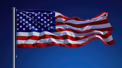 Obraz premium An artistic capture of the American flag, its fabric flowing dynamically in the wind against a deep blue sky, symbolizing freedom and pride.