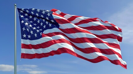 Obraz premium An artistic shot of the American flag, its stars and stripes rippling dynamically in the wind against a clear, bright blue sky, symbolizing resilience and pride.