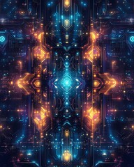 Futuristic digital art with glowing lines and shapes in vibrant colors.