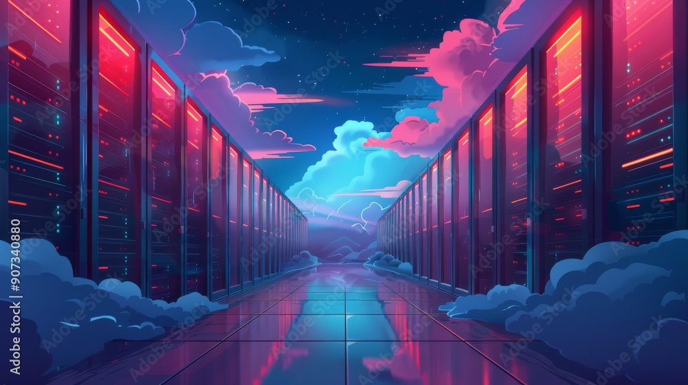 Poster cartoon vector cloud server infrastructure with data storage and processing units