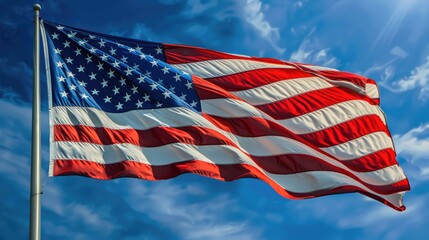 The American flag captured in a perfect, graceful wave, set against a brilliant blue sky, highlighting each star and stripe.