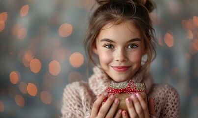 Naklejka premium A happy girl receives her Valentine�s gift.