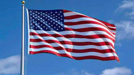 The American flag fluttering gracefully in the breeze, its colors vibrant and true, with a bright, cloudless blue sky providing a perfect backdrop.
