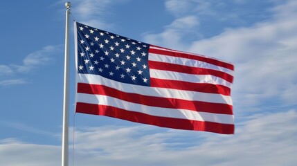 Obraz premium The American flag fluttering gracefully in the gentle breeze, its stars and stripes clear and vibrant against a pristine blue sky.