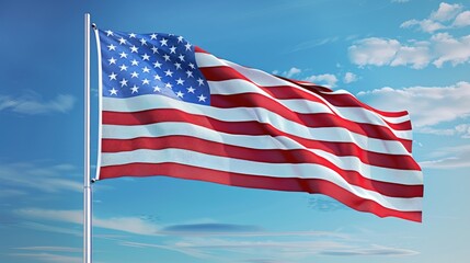 Obraz premium The American flag flying gracefully, its colors vivid and true, with a flawless blue sky providing a perfect, simple backdrop.