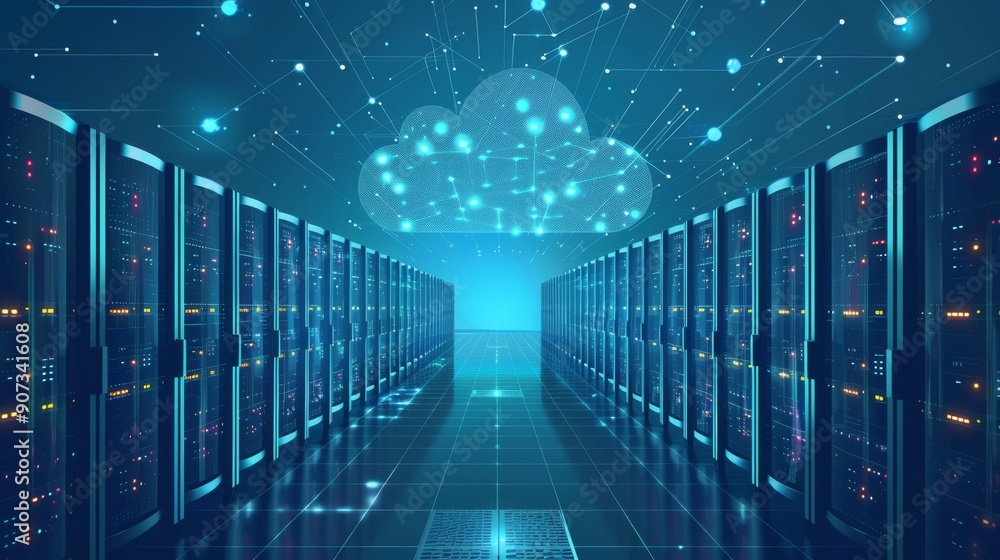 Poster cartoon vector data center with rows of servers connected to the cloud