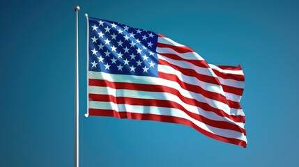 Obraz premium The American flag flying high, its colors rich and true, with the deep blue sky providing a perfect backdrop, symbolizing strength and freedom.