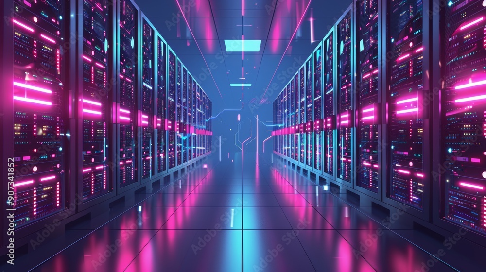 Aufkleber cartoon vector data center with rows of servers connected to the cloud