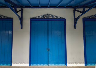 Ancient blue double doors decorated with Javanese carvings at the Surakarta Palace, Indonesia