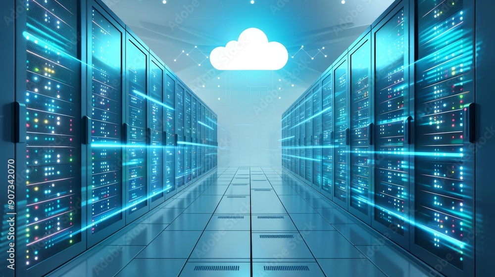Poster cartoon vector data center with rows of servers connected to the cloud