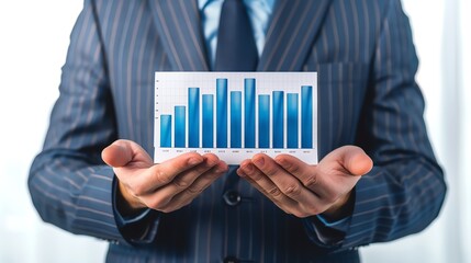 Businessman presenting a bar graph showing growth and data analysis in a professional setting.