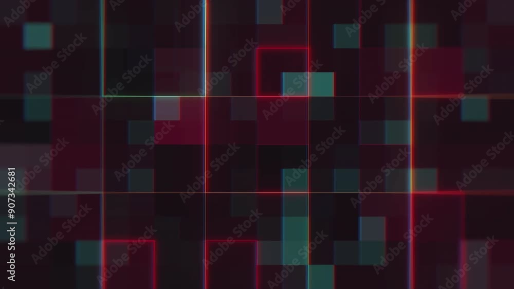 Poster abstract geometric design with red and blue squares, white and red lines on a dark background. perfe