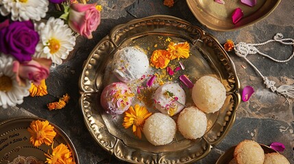 Traditional Indian Sweets on Bronze Plate with Fresh Flowers and Garland for Makar Sankranti Festival. Laddu and Cookies Arranged on Dark Brown Textured Surface with Contrasting Colors. 