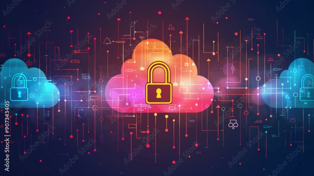 Poster cartoon vector secure cloud storage with padlock icons and encrypted data