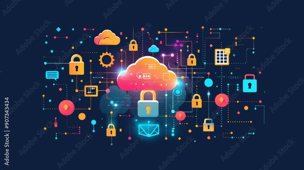 Poster cartoon vector secure cloud storage with padlock icons and encrypted data