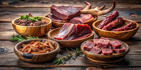 Fototapeta premium Jerked meat from cow, deer, wild beast, or biltong in wooden bowls on rustic table, jerked meat, cow