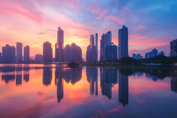 Obraz premium Urban river scene at sunset, sun dipping below horizon, city buildings lining riverbank, A serene sunset over a skyline of buildings reflecting in a calm river, AI generated