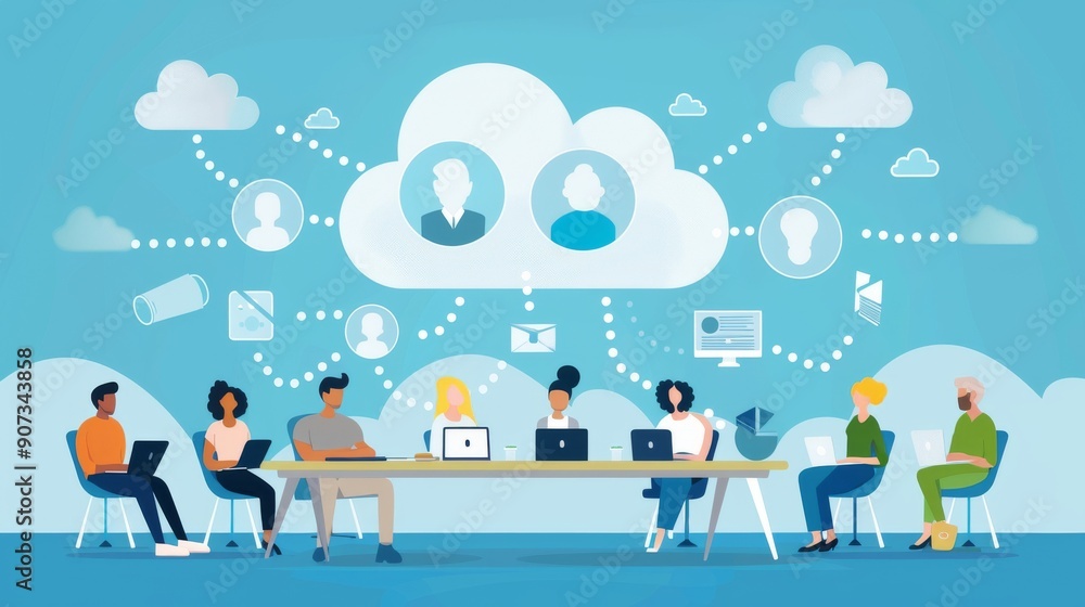 Poster cartoon vector virtual collaboration through cloud computing with team members connecting remotely