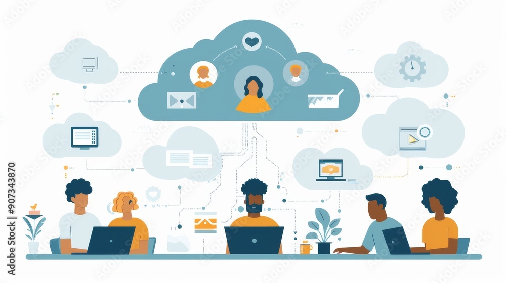 Poster cartoon vector virtual collaboration through cloud computing with team members connecting remotely