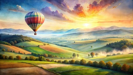 Obraz premium Inspiring watercolor of hot air balloon floating over rolling hills and farmland, watercolor, hot air balloon, landscape