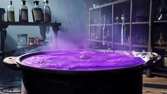 A vibrant purple concoction spills from a cauldron, filling the air with mystical energy in a dimly lit lab.