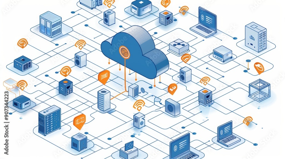 Poster cartoon vector cloud network diagram showing data flow and cloud architecture