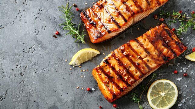 Grilled king klip and congrio fillet with teriyaki on a gray background Top down shot with space for text