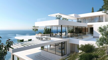 Fototapeta premium A contemporary coastal villa with a sleek white exterior, expansive glass walls, and a rooftop terrace with a pergola and ocean views.