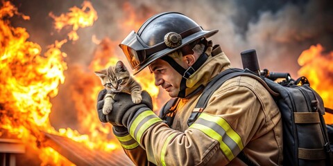 Fireman heroically rescuing a kitten from a burning building, firefighter, saving, pet, animal, emergency, danger