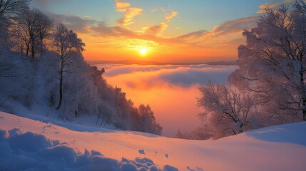 Breathtaking Winter Sunrise Over Snowy Landscape. Generative AI

